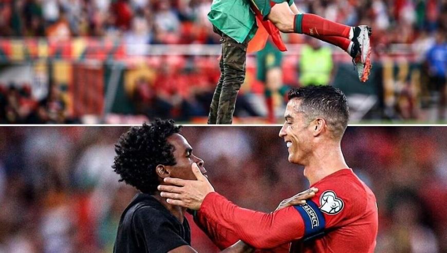 还原球迷冲场全过程：跪拜C罗举高高?一起做SIU?遭偶像摸头杀