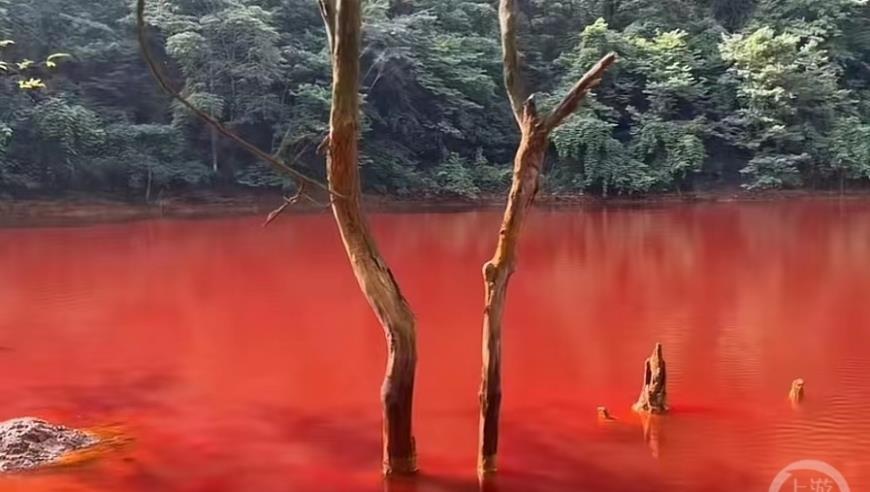 贵阳周边一水域涨水后呈血红色，当地镇政府：已封闭，正调查