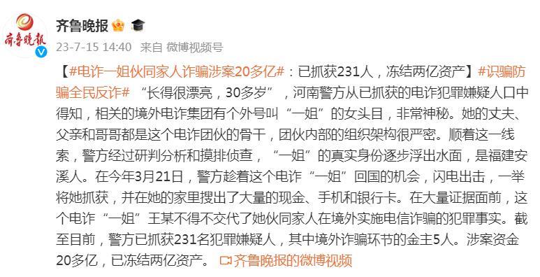 电诈“一姐”伙同家人诈骗涉案20多亿：已抓获231人，冻结两亿资产