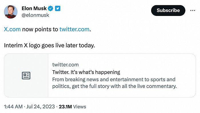 马斯克：推特临时X标志将于7月24日晚些时候启用