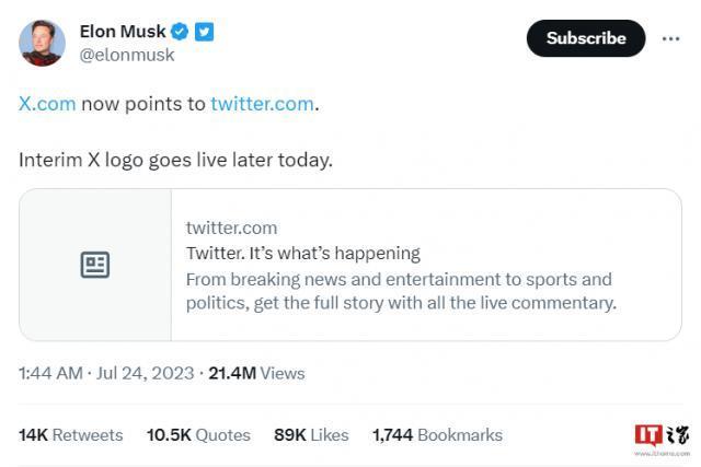 今日起，Twitter 将更改网址为 X.com，并临时使用 X Logo。