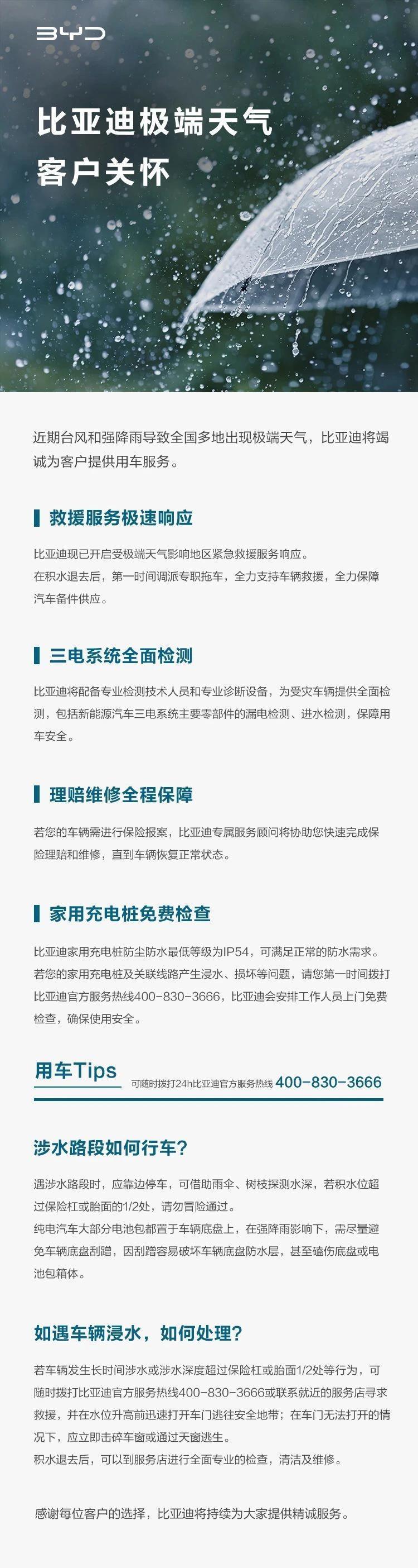 比亚迪公布极端天气客户关怀：含救援服务、三电系统检测、理赔维修等