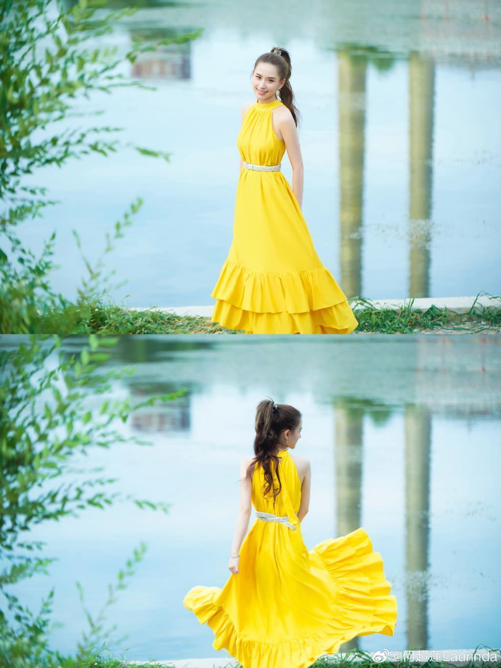 何超莲穿黄裙扎高马尾 笑容明媚治愈人心
