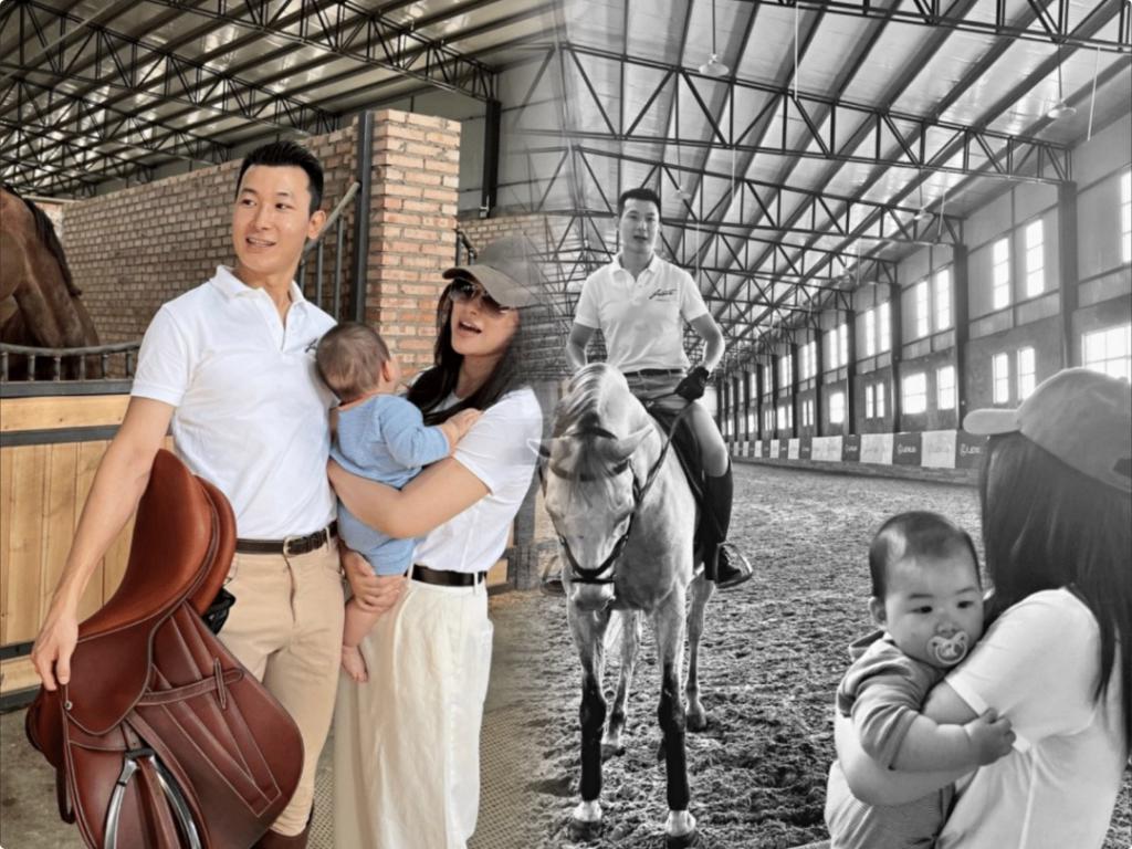 朱珠带娃看老公赛马，穿深V气质出众，老公被吐槽太拉胯配不上她