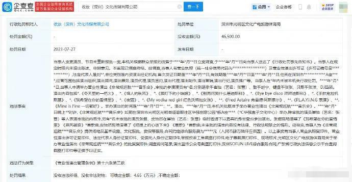张蔷巡演被举报临时邀请嘉宾 被没收违法所得4.65万元