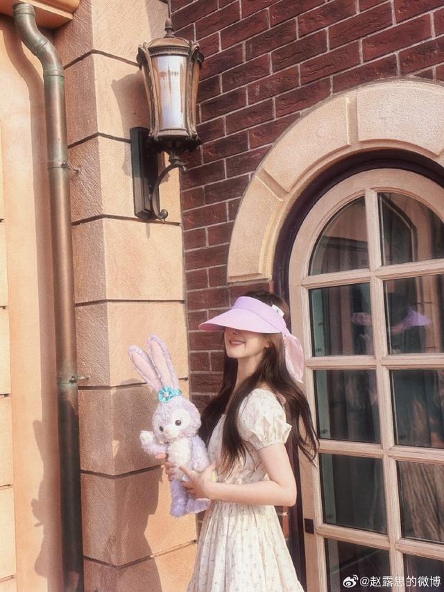 赵露思晒迪士尼游玩背影照，穿碎花裙手拿星黛露甜美可人
