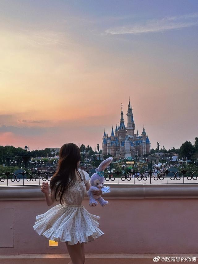 赵露思晒迪士尼游玩背影照，穿碎花裙手拿星黛露甜美可人