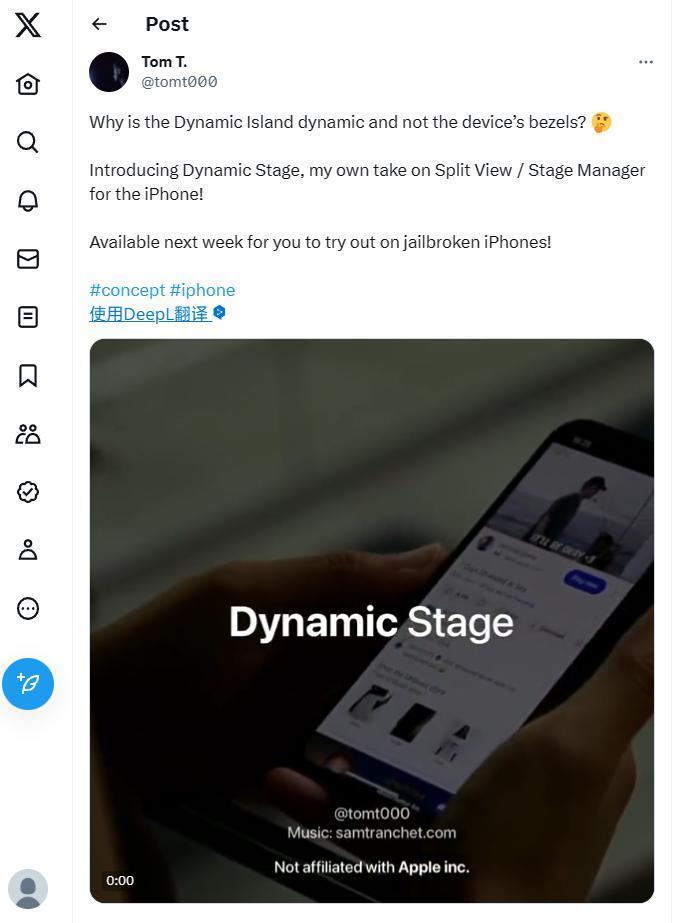 开发者为iPhone系列手机带来越狱插件：类“灵动岛”式分屏功能