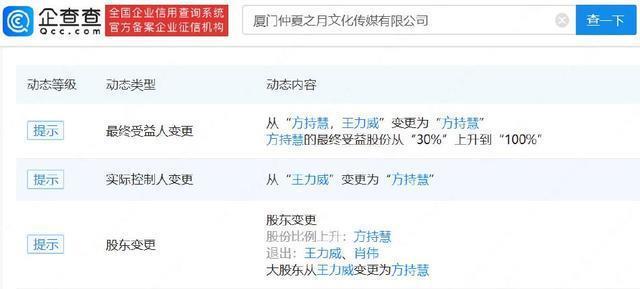 肖战工作室持股人变更 经纪人王力威退股肖战工作室