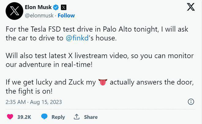 马斯克：今晚将前往扎克伯格家中与他一决高下