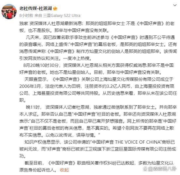 那辛：我不是《好声音》幕后老板，目前与节目组没有关联