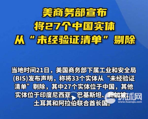 阶段性胜利？美国商务部将27家中国实体从清单中剔除