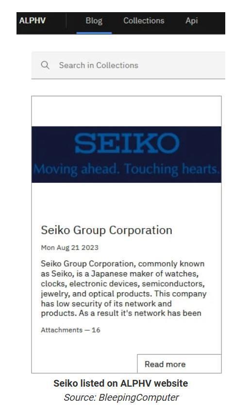 日本制表商 Seiko 精工被勒索软件团伙 BlackCat 攻击