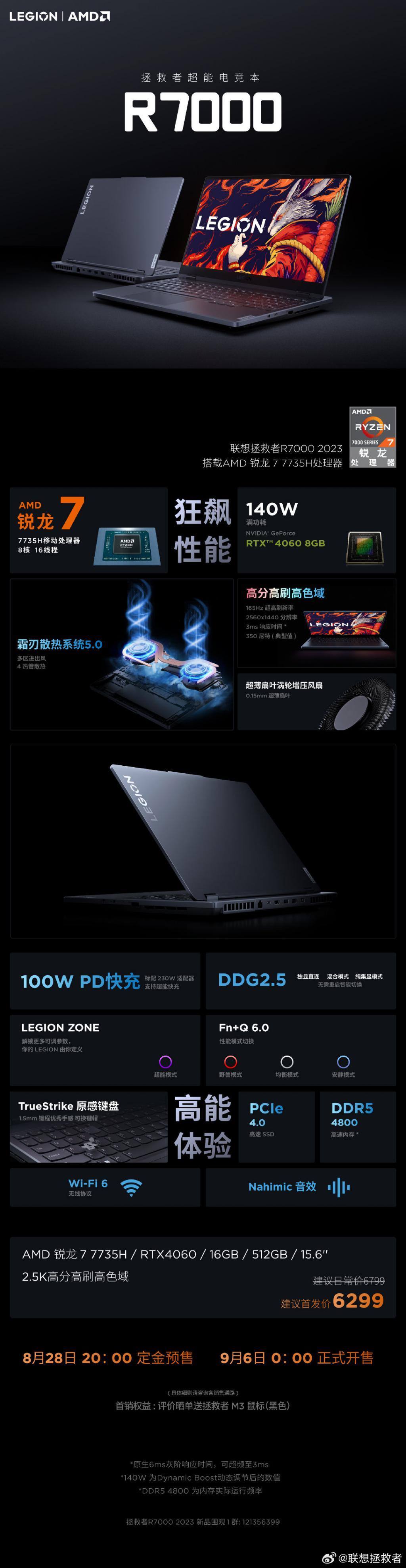 联想拯救者 R7000 今晚预售，R7 7735H   RTX 4060，6299 元