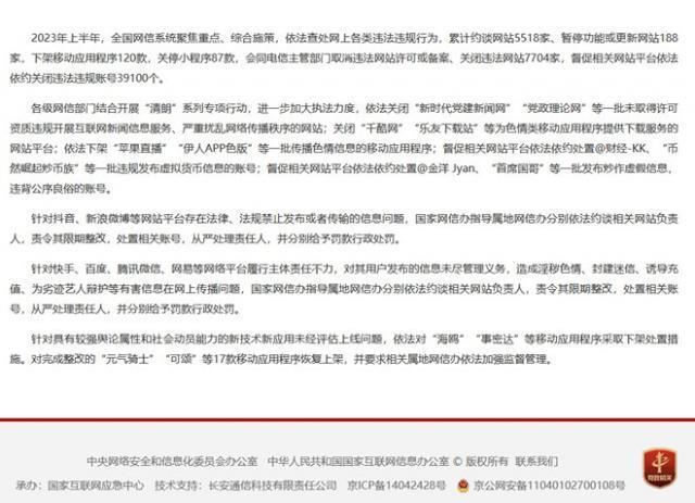 2023年上半年有5518家网站被约谈