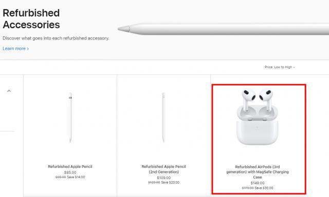 苹果美国商城首次上架官翻 AirPods 耳机，相当于以八三折优惠价格出售。
