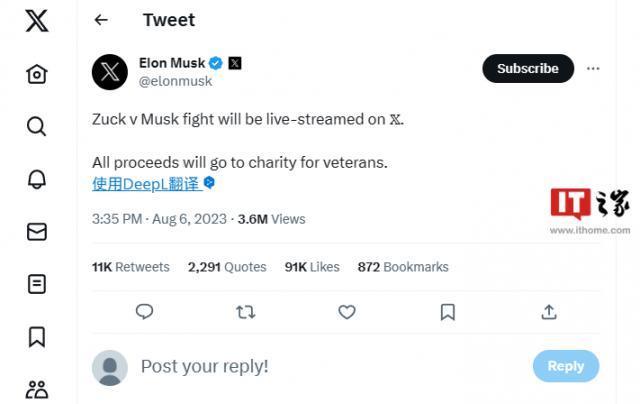 马斯克与扎克伯格将在X上直播决斗，所有收益将捐赠给慈善机构