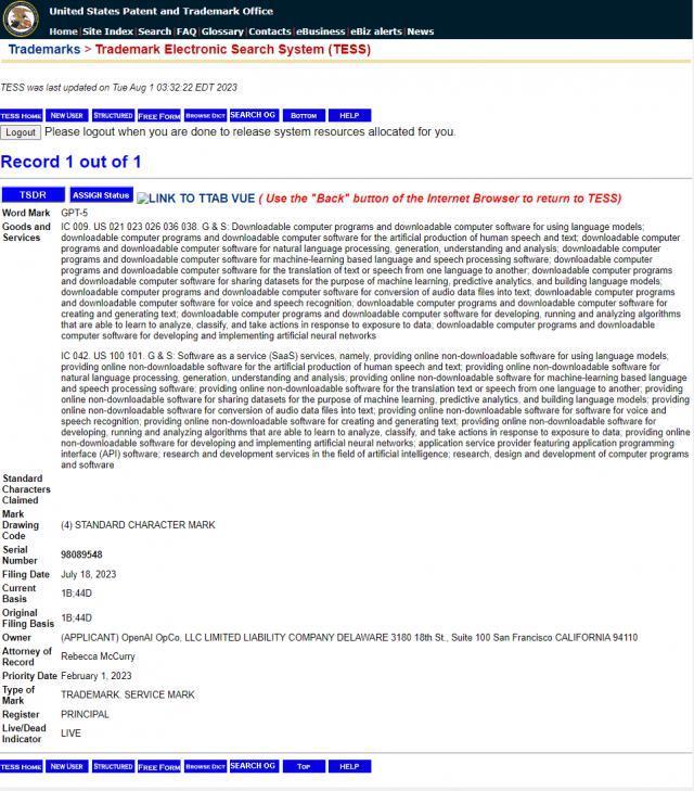 OpenAI已在美国申请注册“GPT-5”商标，现在在中国也申请了该商标注册