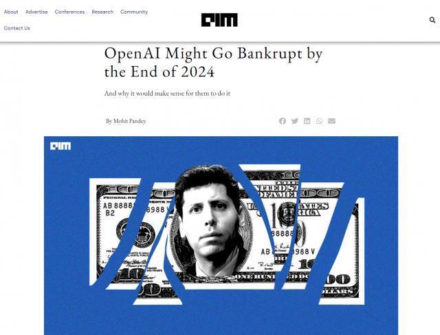 报告称 ChatGPT 每日成本为70万美元，OpenAI 可能在 2024 年破产