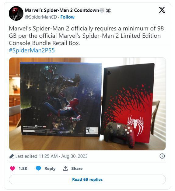 消息称 PS5 版《漫威蜘蛛侠 2》游戏大小为 98GB