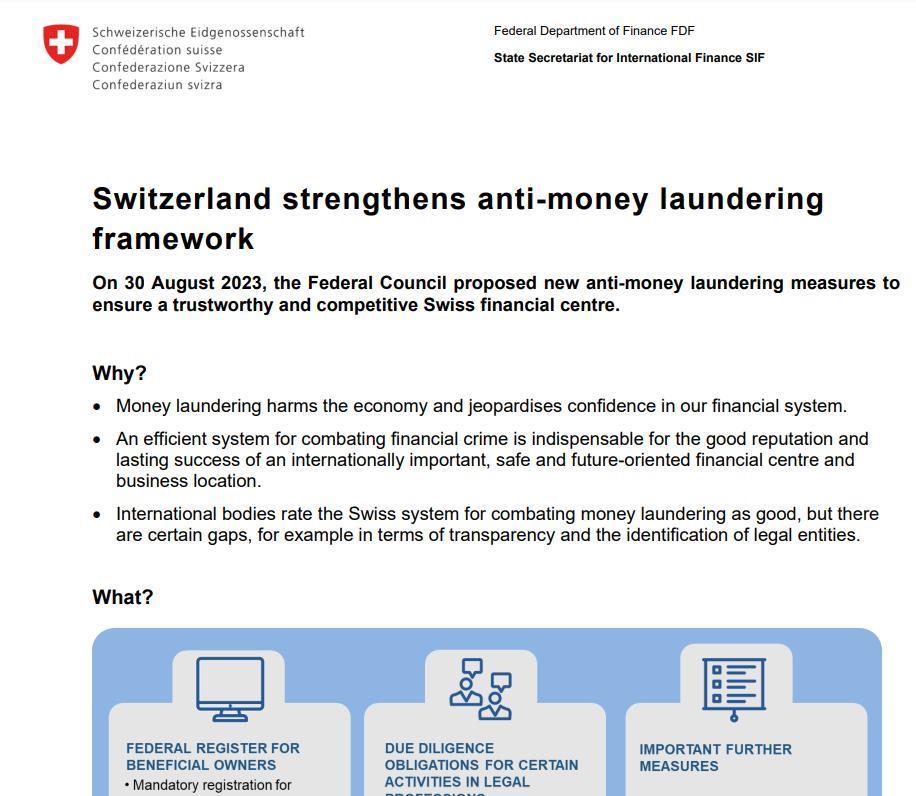 “避税天堂”瑞士推出反洗钱新规：强制公司实体申报最终受益人