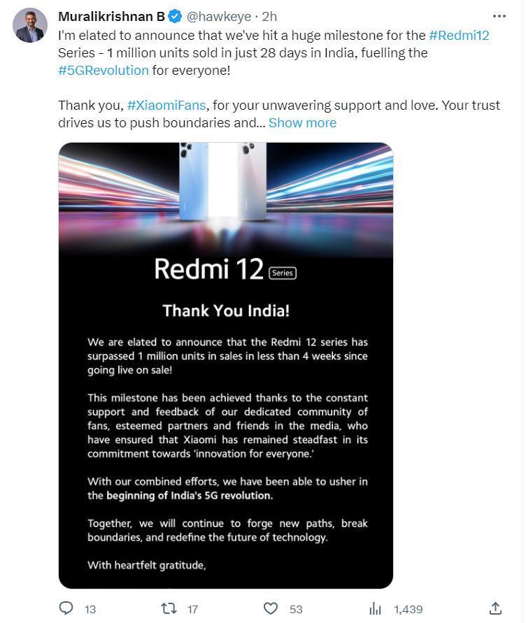 小米 Redmi 12 系列机型在印度销量破 100 万台，仅耗时 28 天