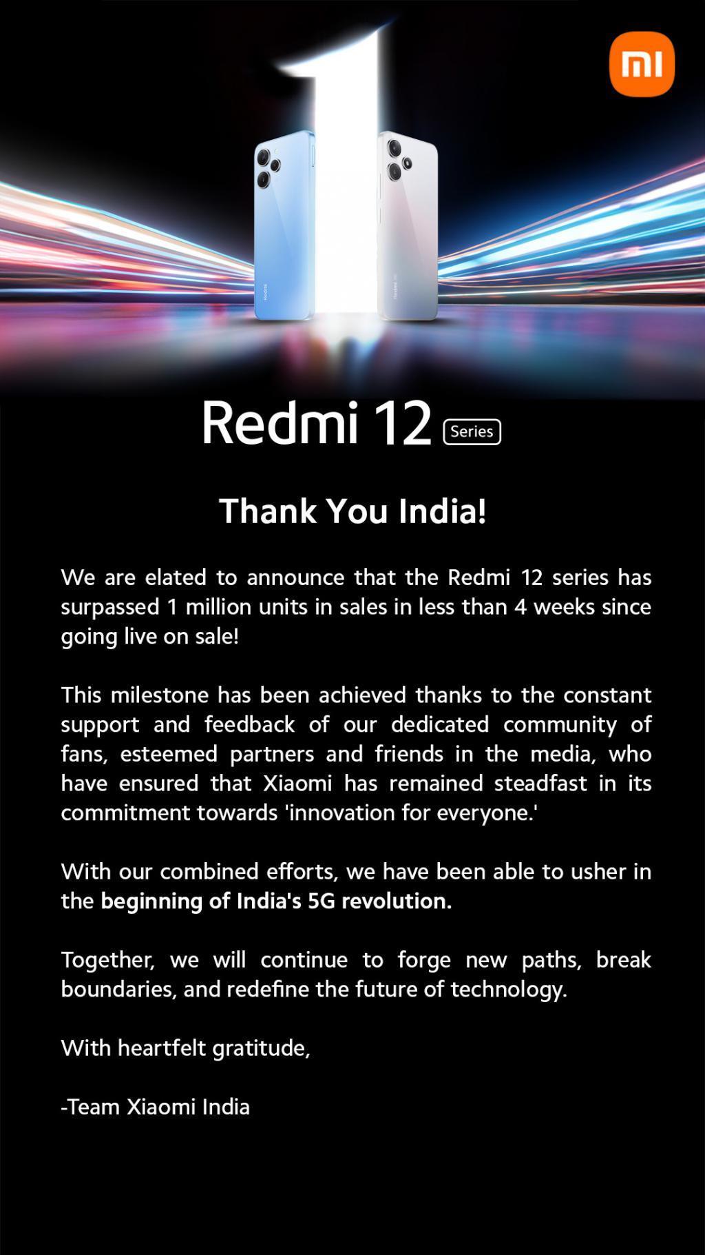 小米 Redmi 12 系列机型在印度销量破 100 万台，仅耗时 28 天
