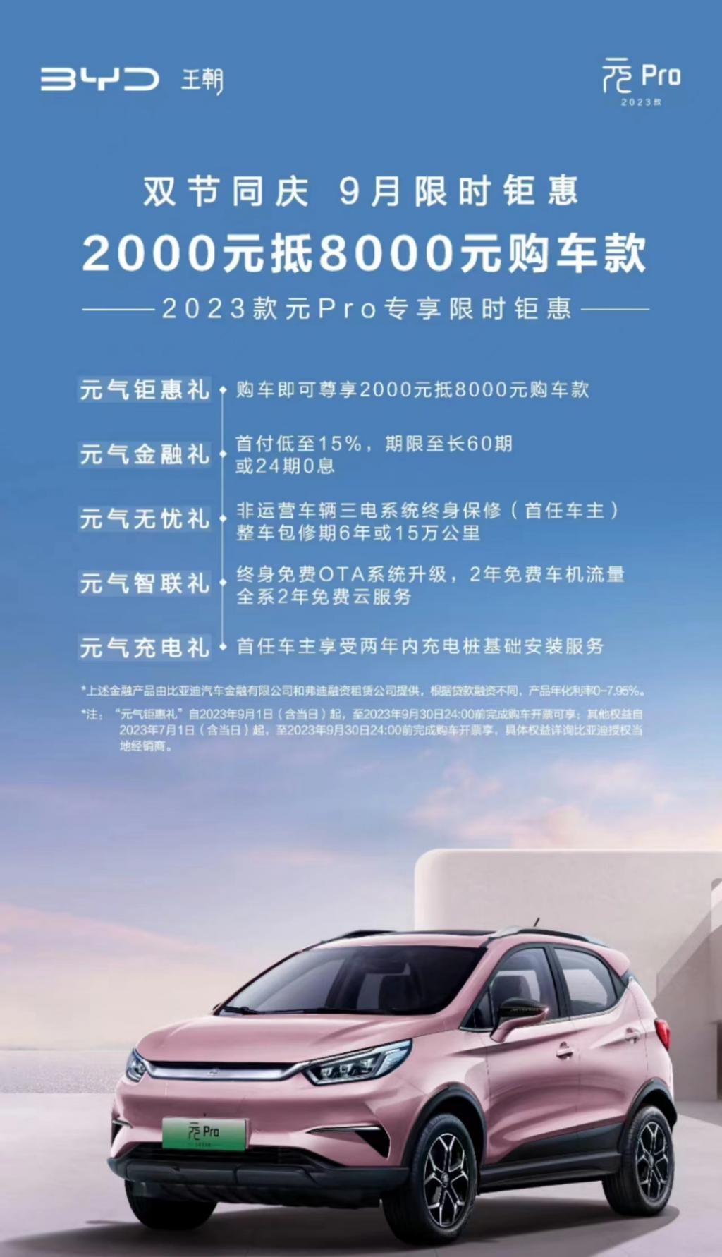 比亚迪 2023 款元 Pro 开启 9 月特惠，2000 元抵 8000 元购车款