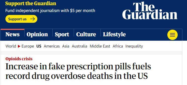 外媒：美国药物过量死亡人数长期处于历史最高位