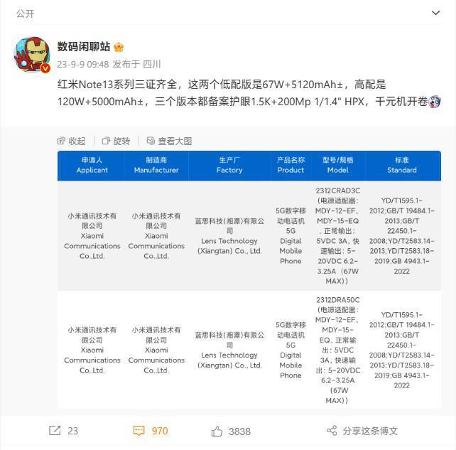 小米Redmi Note 13系列手机电池规格公开：容量5000mAh/5120mAh