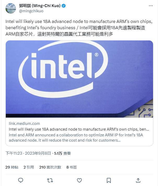 郭明錤:Arm 有望成为英特尔 18A 制程代工客户,生产其自家芯片