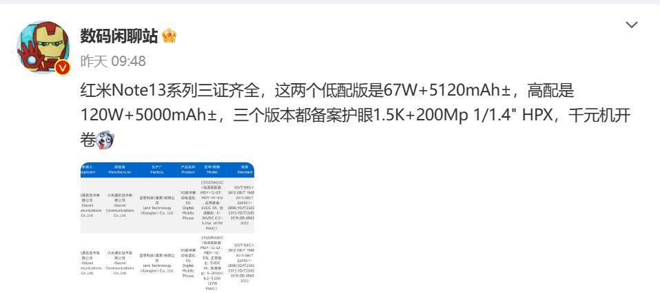 Redmi Note 13系列已三证齐全：标配1.5K护眼屏 2亿像素主摄