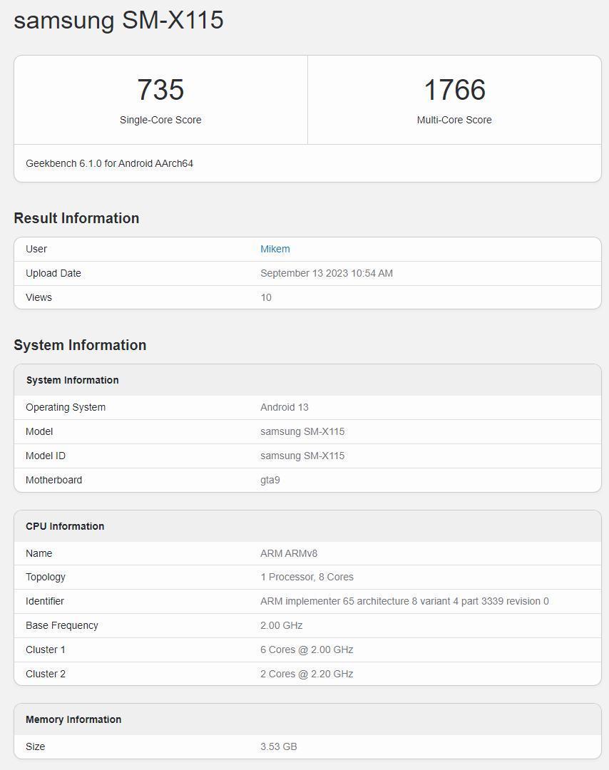 三星Galaxy Tab A9（4G LTE）跑分曝光：Helio G99芯片 4GB内存