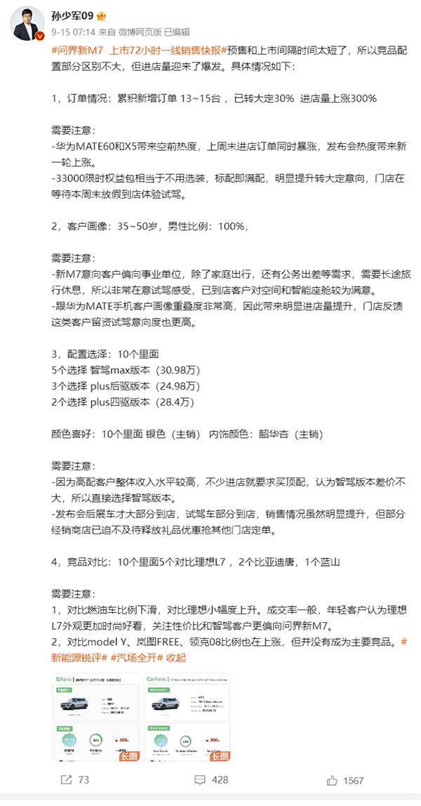 李想最重视的对手杀回来了！问界新M7大卖：单日大定超2000台