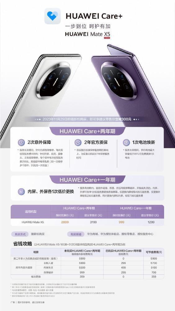 华为Mate X5 HUAWEI Care 上线 一步到位999元起