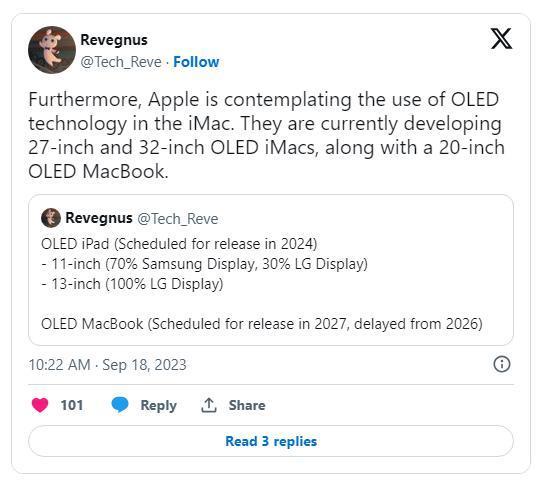 消息称苹果正测试 27/32英寸 OLED iMac、20英寸的 OLED MacBook