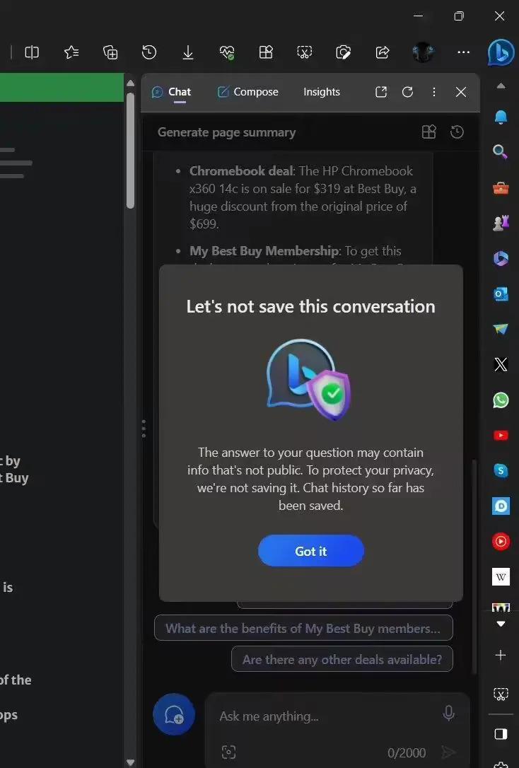 微软必应聊天改善隐私保护，不保存有敏感信息的聊天记录