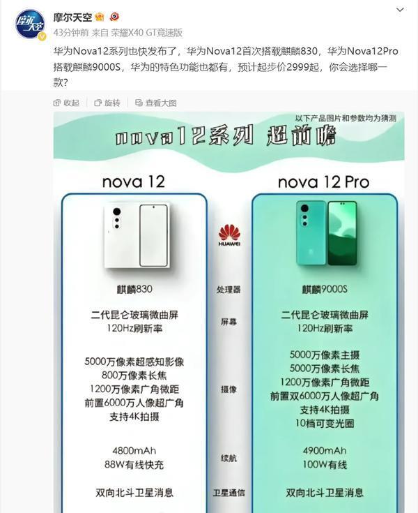 博主：华为nova 12系列即将发布 预计起步价2999元起