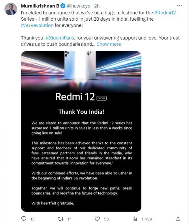 小米 Redmi 12 系列机型在印度销量破 100 万台，仅耗时 28 天