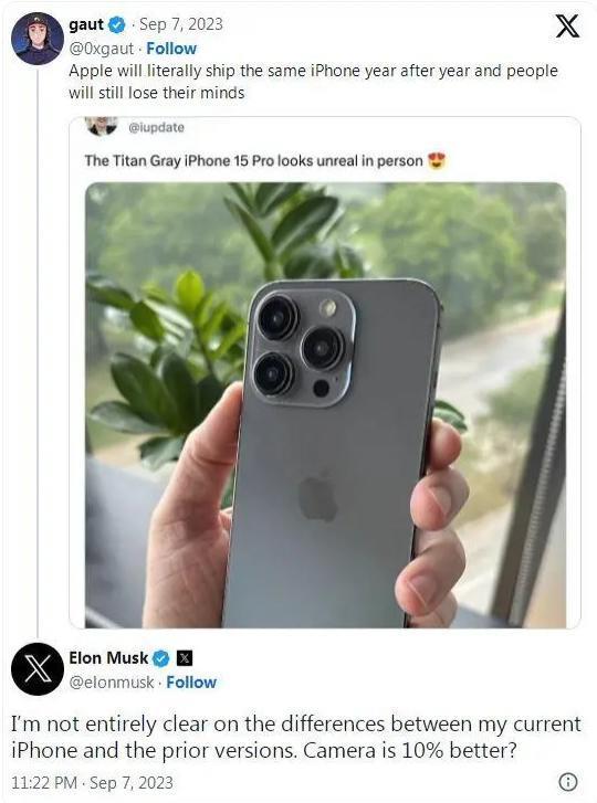 马斯克讽刺iPhone换代没新意！网友回呛：特斯拉也一样