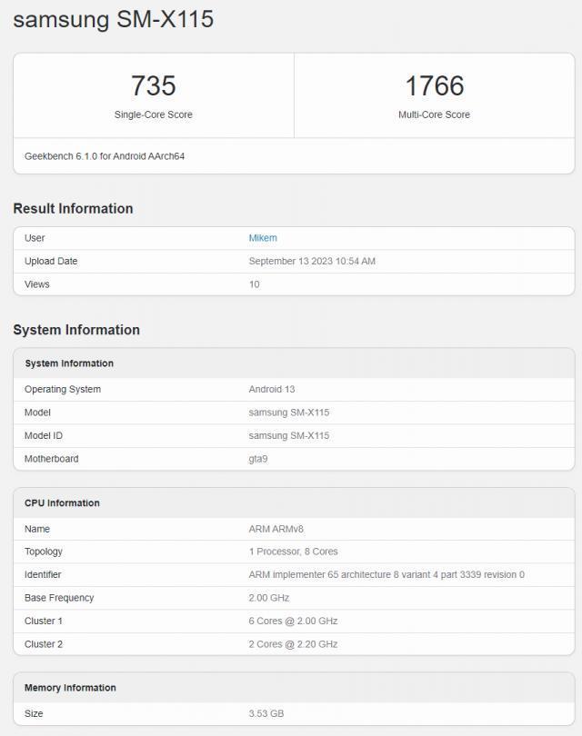 三星Galaxy Tab A9（4G LTE）跑分曝光：Helio G99芯片 4GB内存