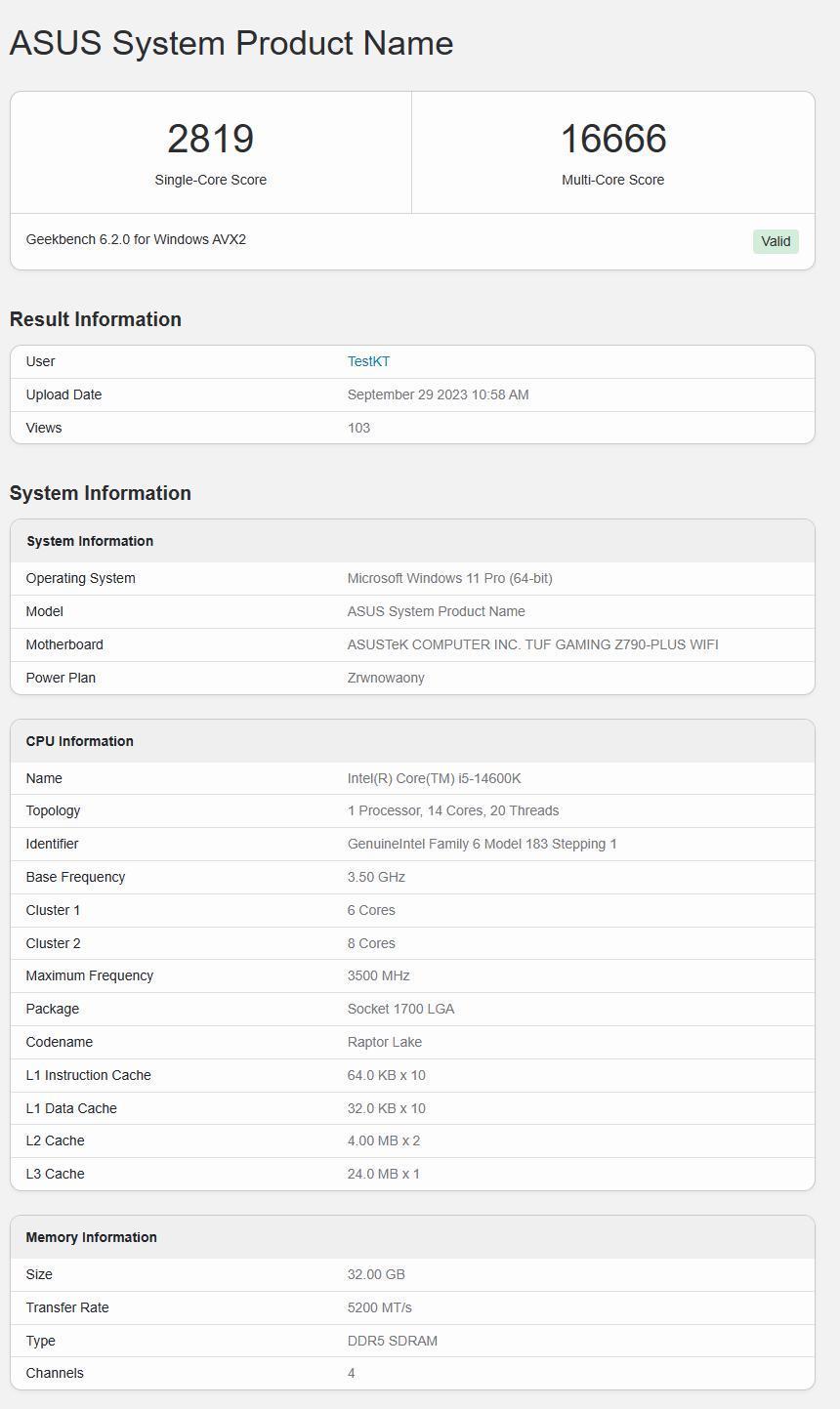 英特尔酷睿 i5-14600KF 处理器现身 Geekbench，单核提升 6%