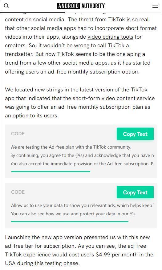 代码显示TikTok正在测试无广告订阅服务，月费暂定为4.99美元
