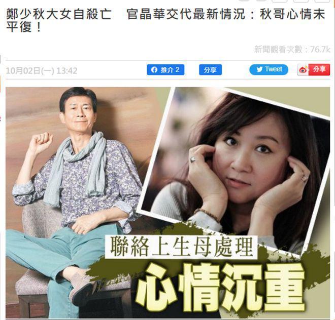 郑少秋大女儿美国自杀身亡，现任太太官晶华百字交代最新情况