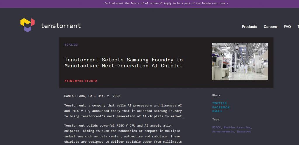 AI 芯片公司 Tenstorrent 宣布与三星合作，下一代产品 4nm 制程