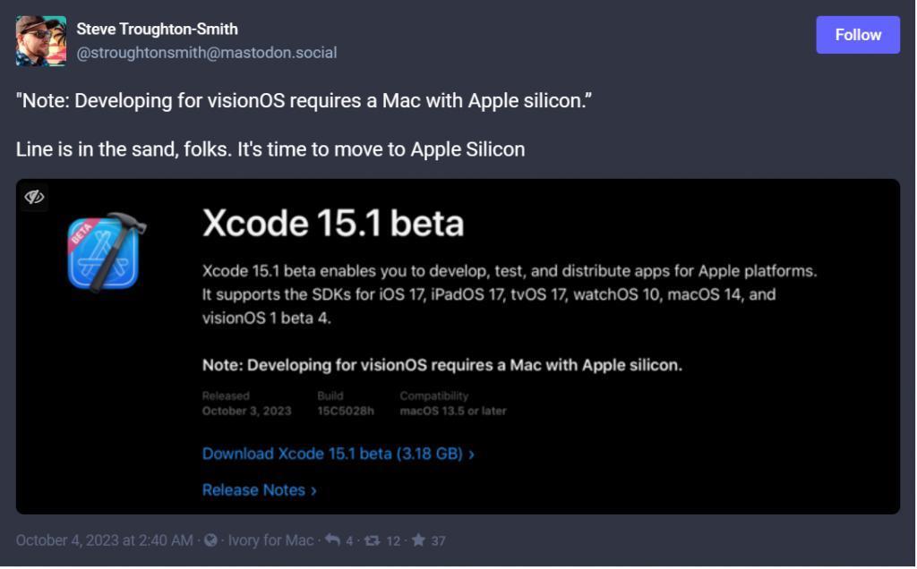 为苹果 visionOS 开发应用必须使用 Apple Silicon 款 Mac 电脑