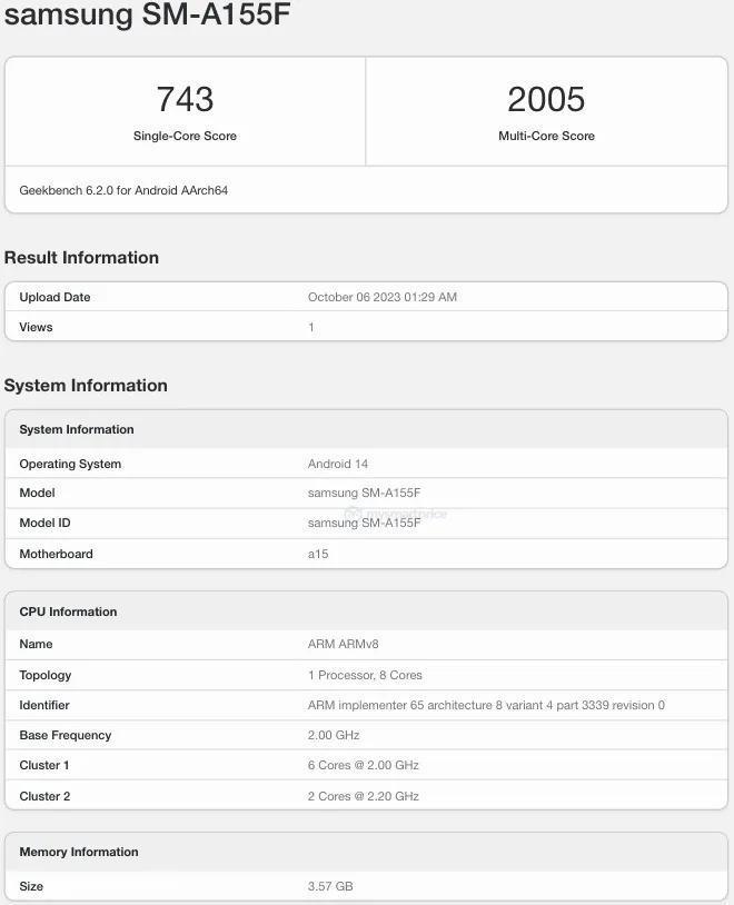 三星 Galaxy A15 4G 手机跑分曝光：联发科 Helio G99 芯片
