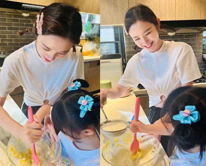 唐艺昕首晒3岁女儿，母女一起做饼干，小公主扎哪吒头超可爱