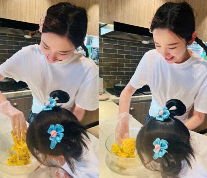 唐艺昕首晒3岁女儿，母女一起做饼干，小公主扎哪吒头超可爱