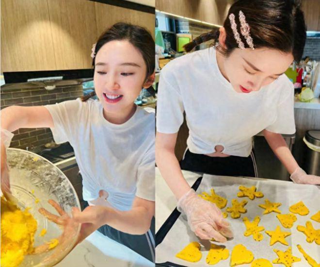 唐艺昕首晒3岁女儿，母女一起做饼干，小公主扎哪吒头超可爱